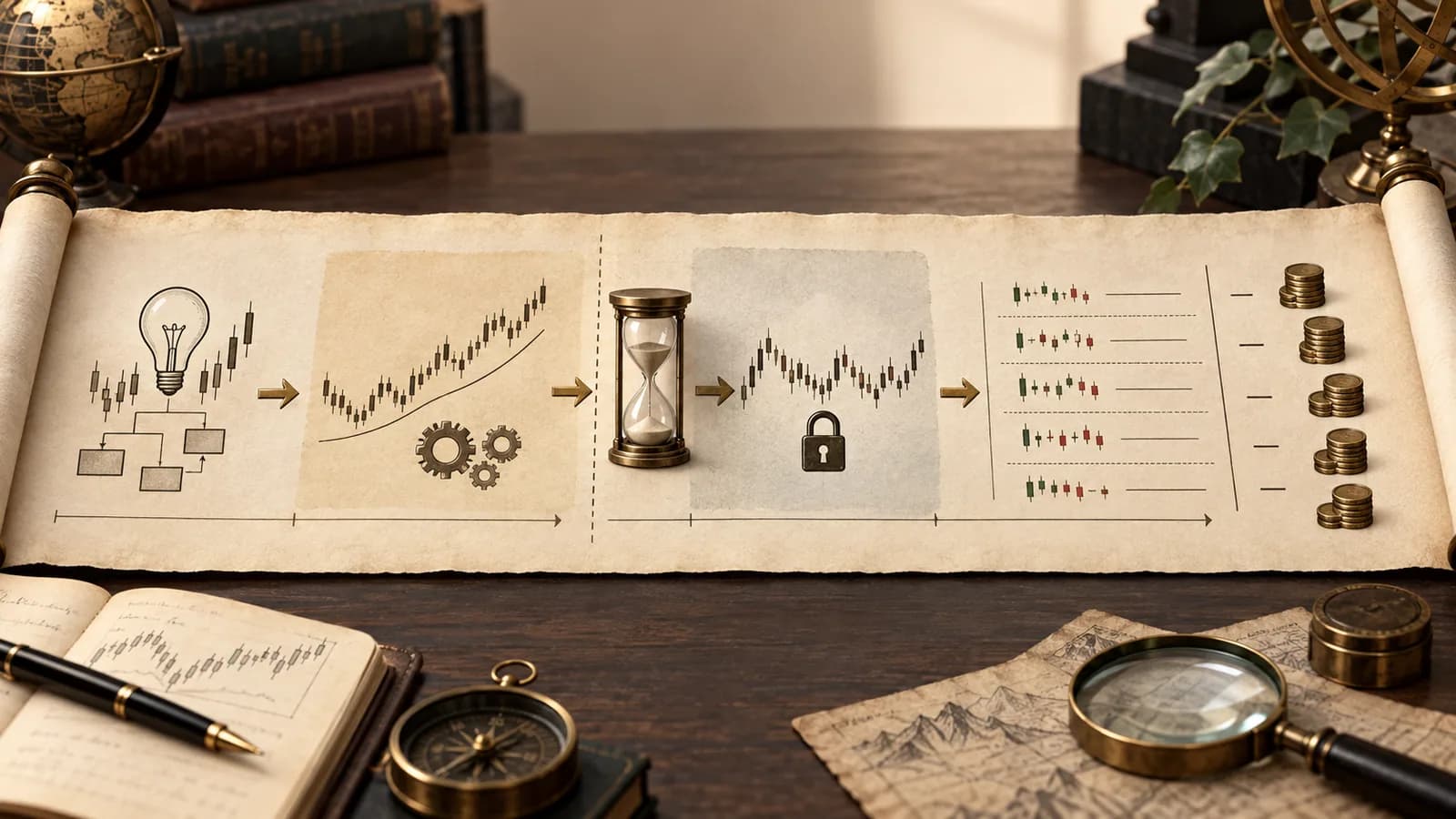 Chronological research timeline separating strategy design, a holdout test and trade costs