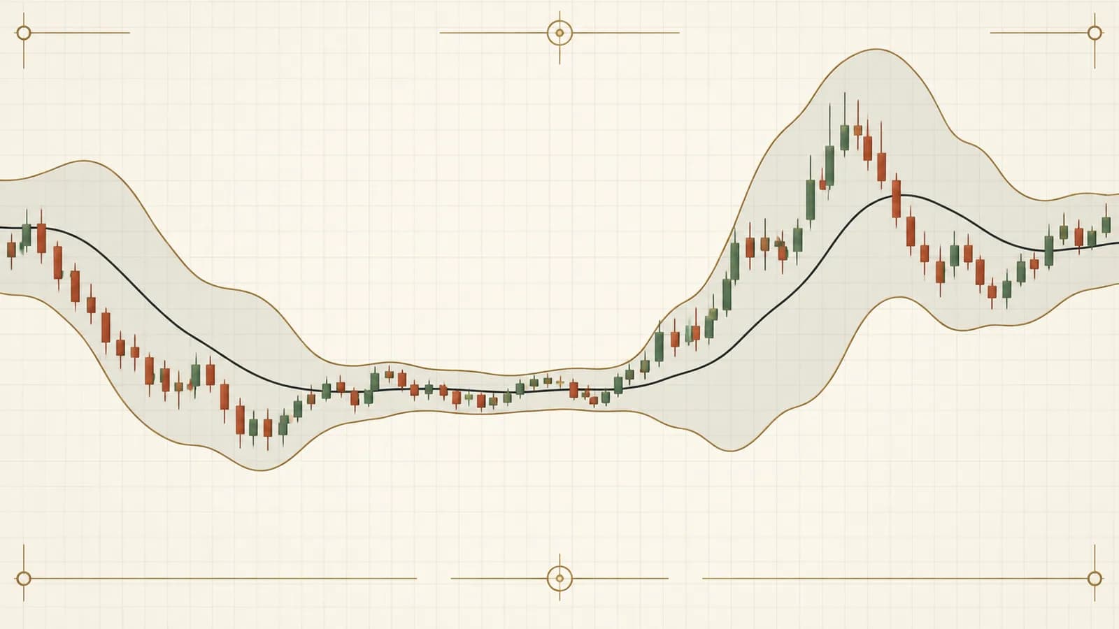 Price series inside upper and lower bands that narrow and widen around a moving average
