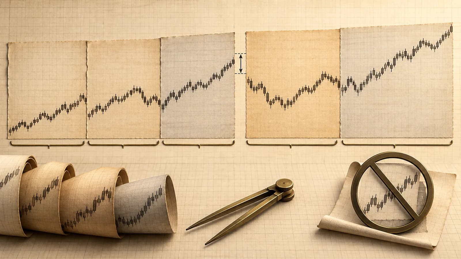 Successive futures contract charts joined at visible roll seams into a research series