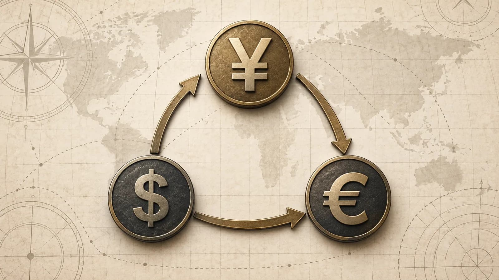 Three currency tokens connected by direct and intermediate conversion paths