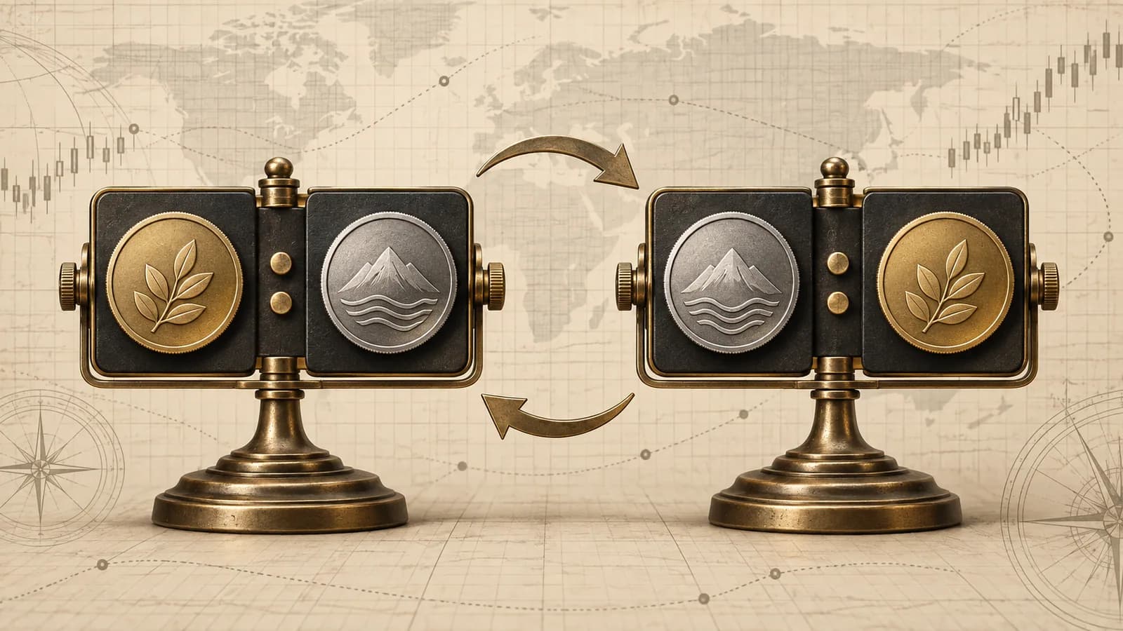 Two mirrored currency-pair arrangements illustrating quote orientation