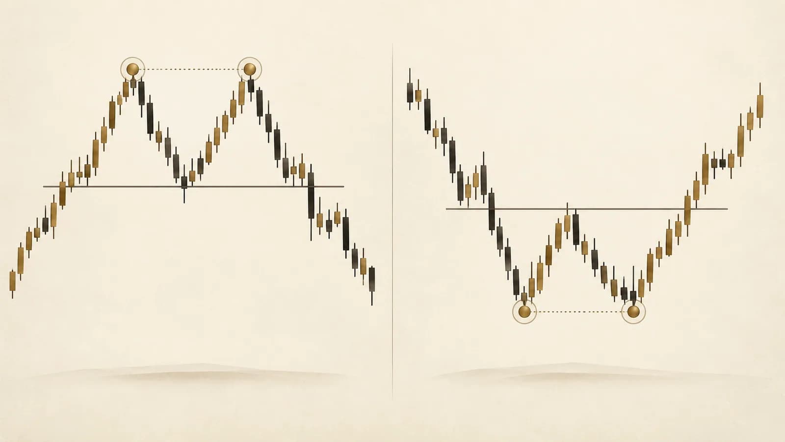 Side-by-side illustrative price paths with two peaks and two troughs