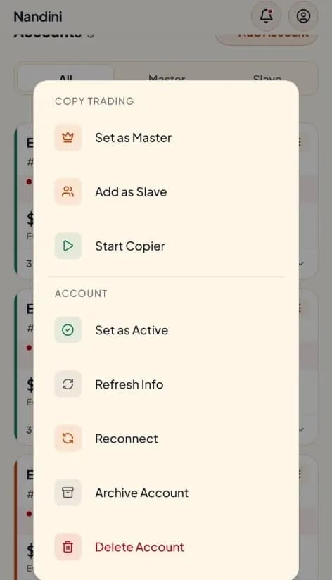 Step 2: TradeCopier three dot options popup showing Delete Account button