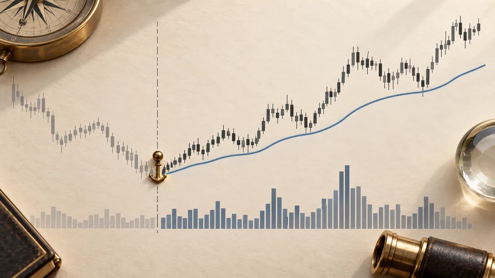 Price and volume chart with a marked anchor point and a volume-weighted line starting there