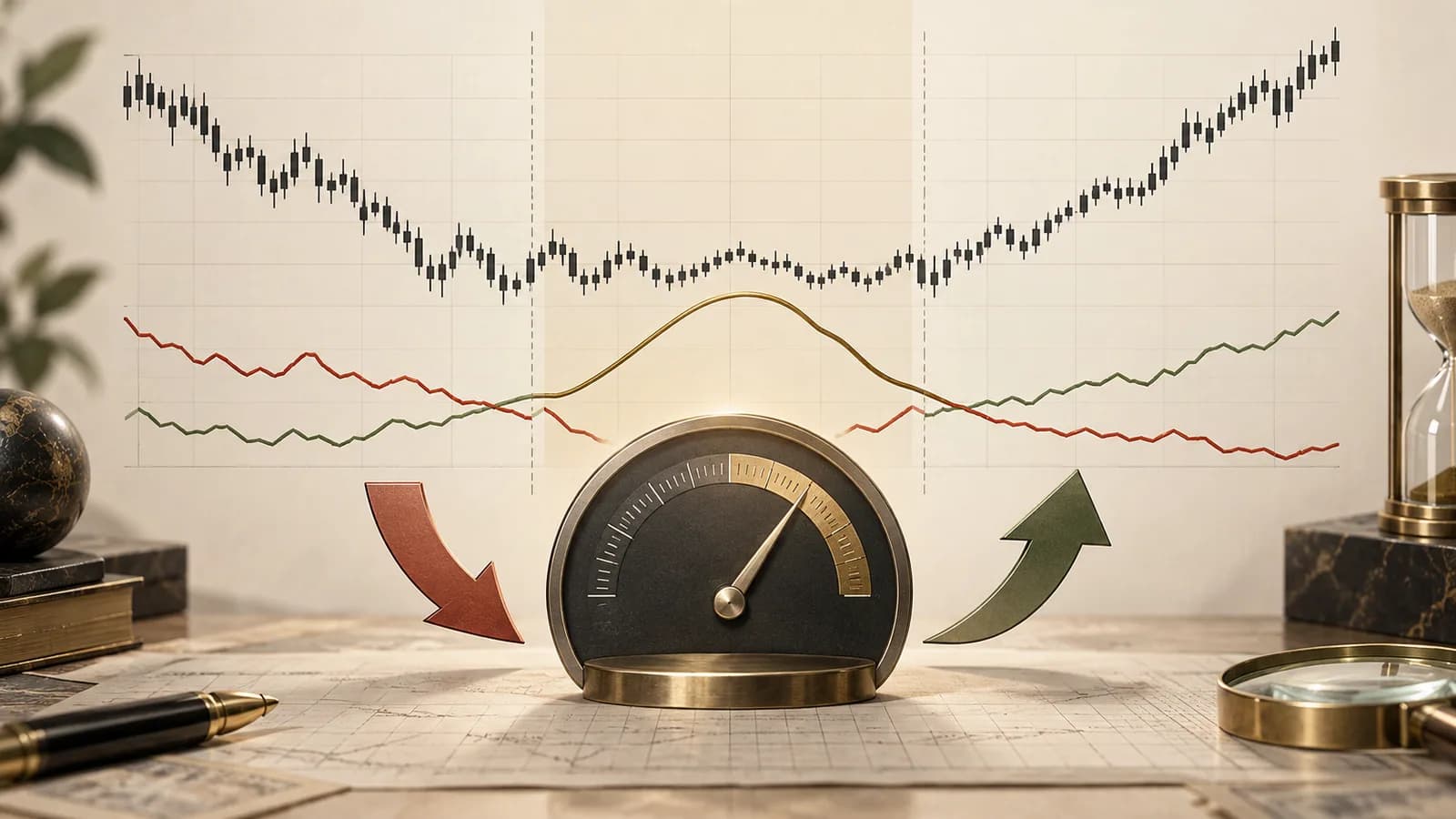 Conceptual chart separating a trend-strength gauge from opposing directional movement traces