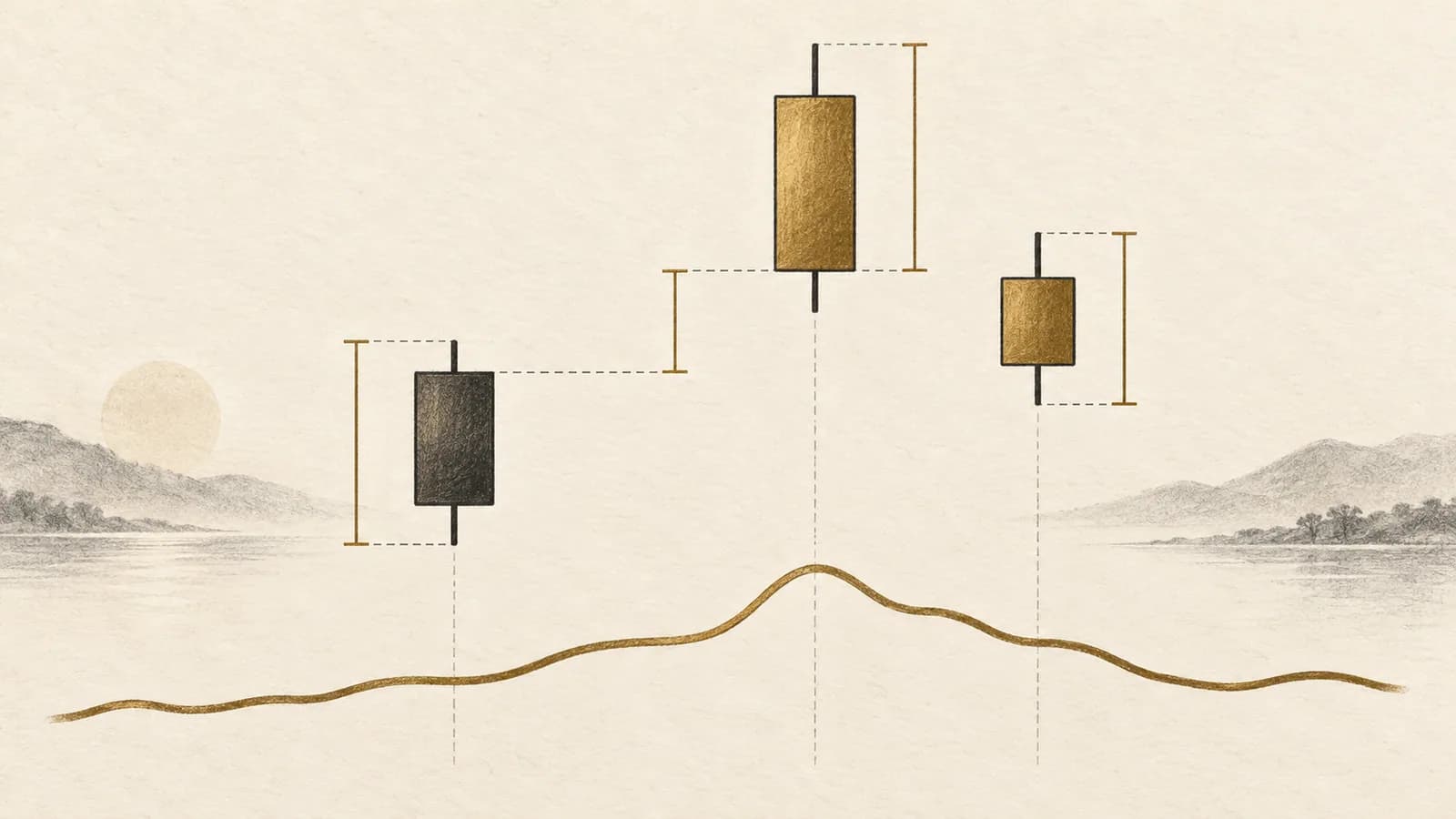 Candlestick gaps, range brackets and a smoothed volatility line illustrating true range