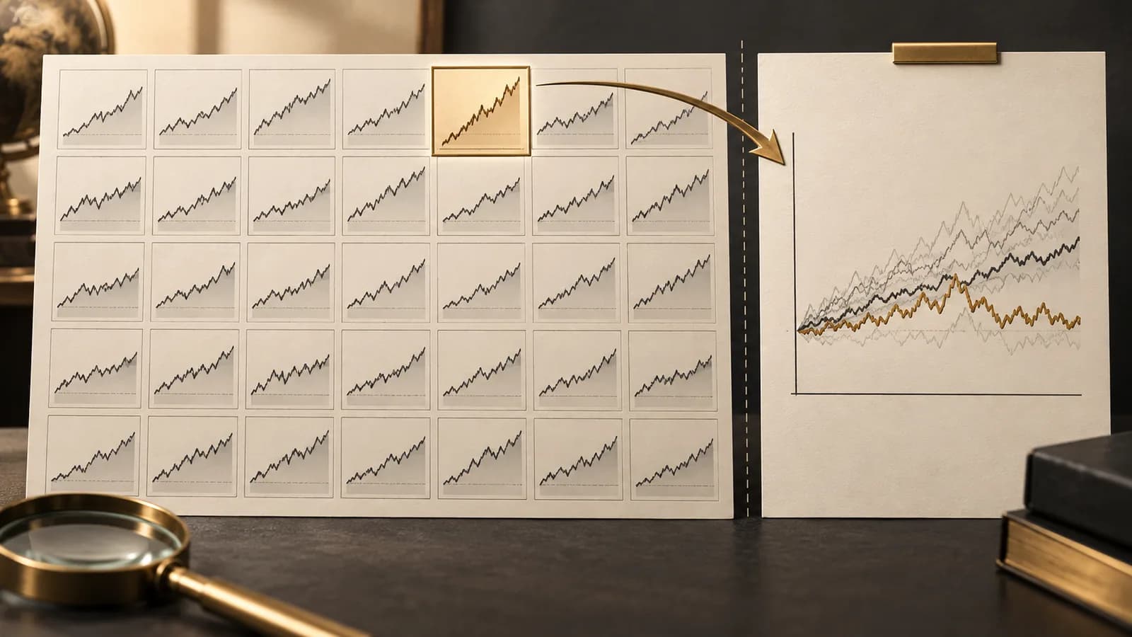 Many candidate strategy traces with one selected result compared against a separate holdout panel