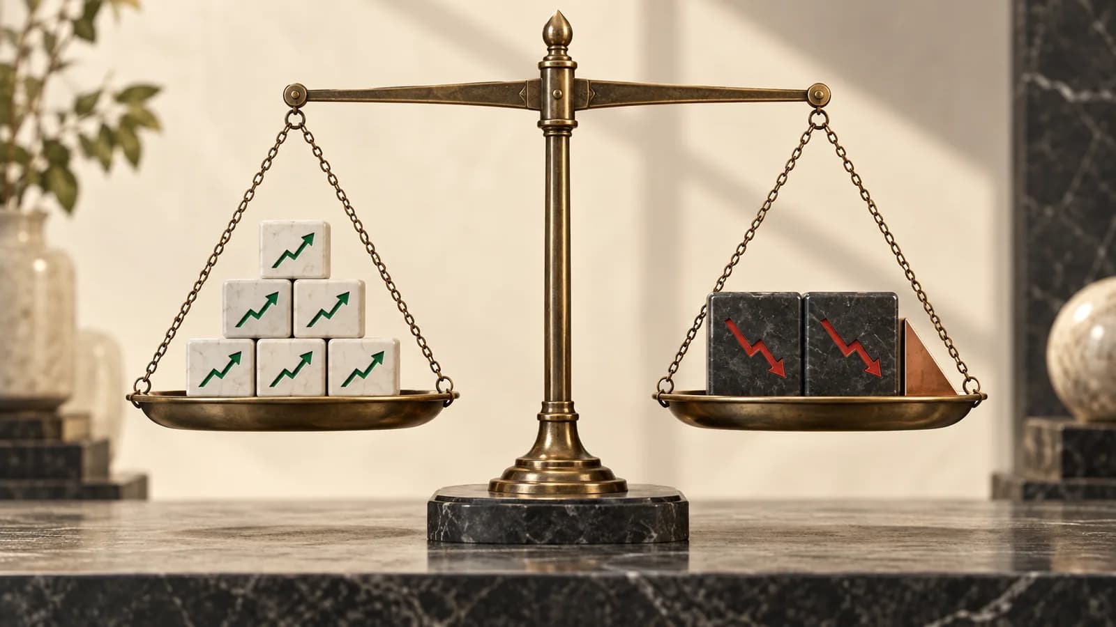 Balanced scale comparing several smaller wins with larger losses and a cost wedge