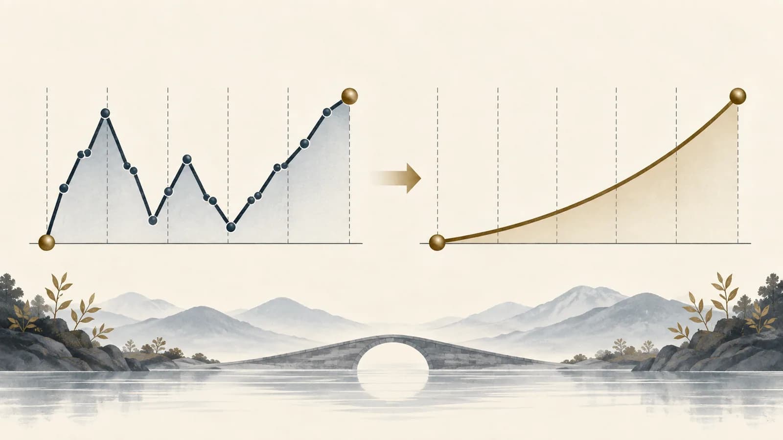 Uneven period-by-period value path beside a smooth equivalent growth path with the same endpoints
