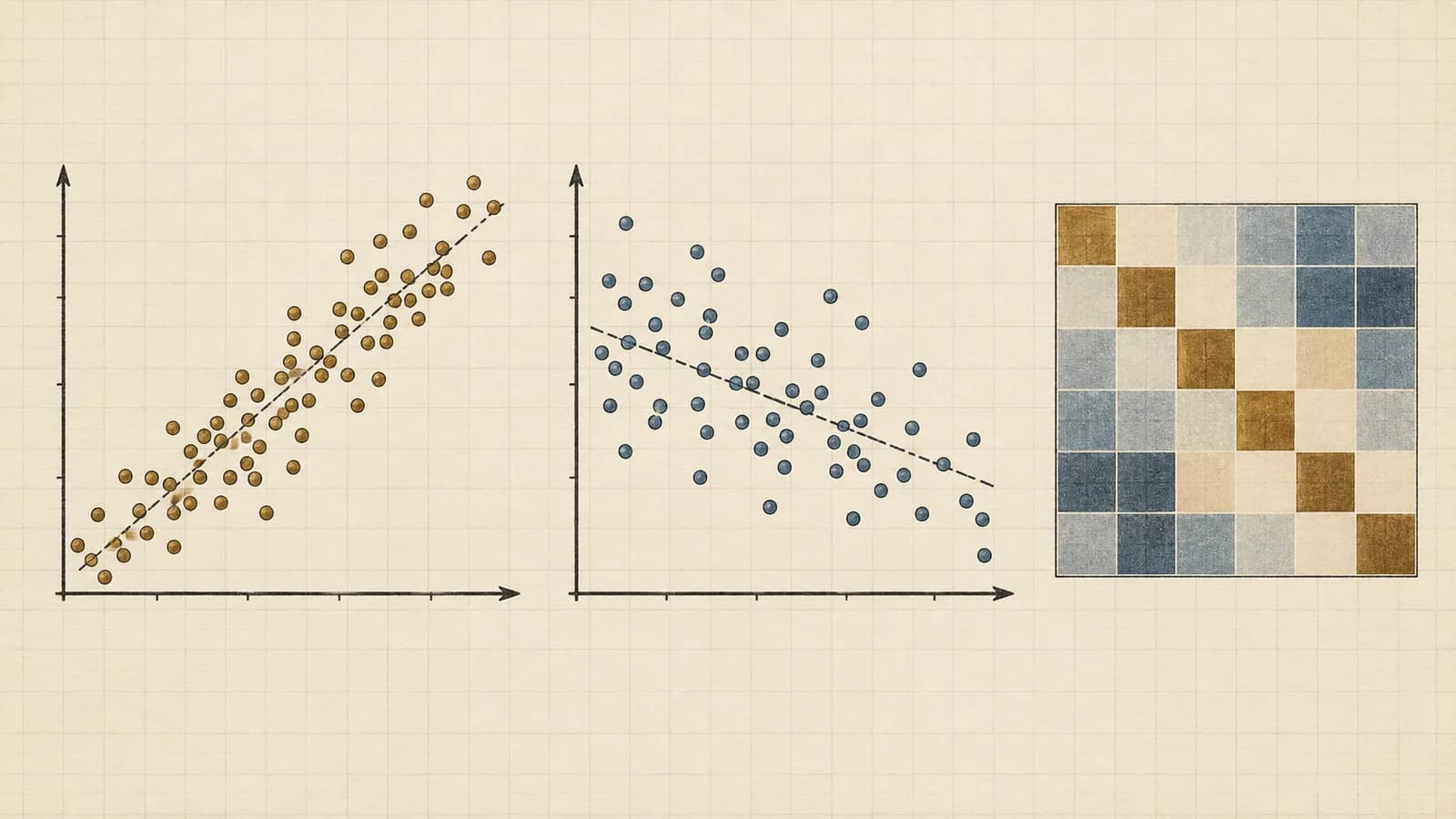Two paired-data scatterplots with different relationships beside a covariance matrix