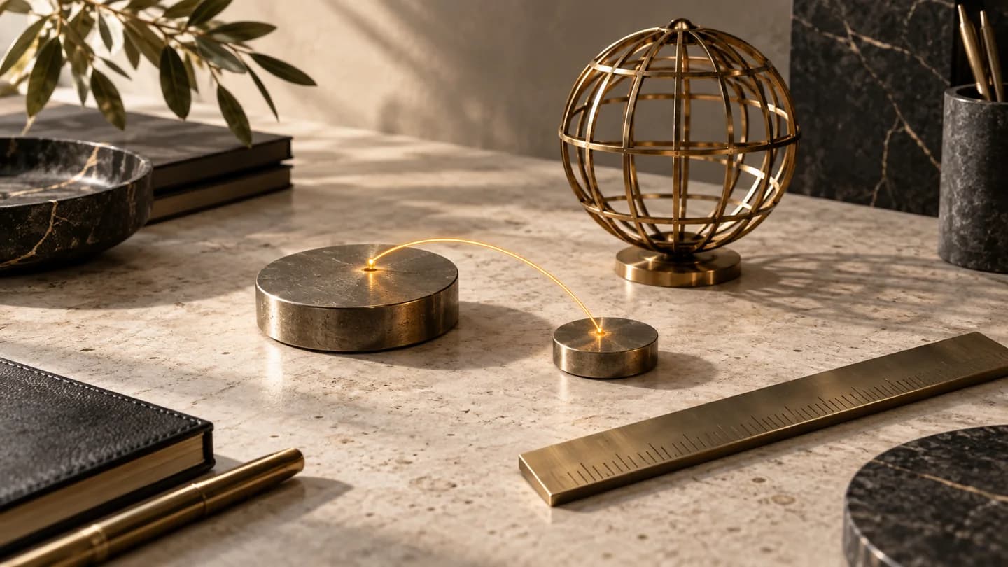 A brass globe and linked metal discs illustrating currency conversion and relative units