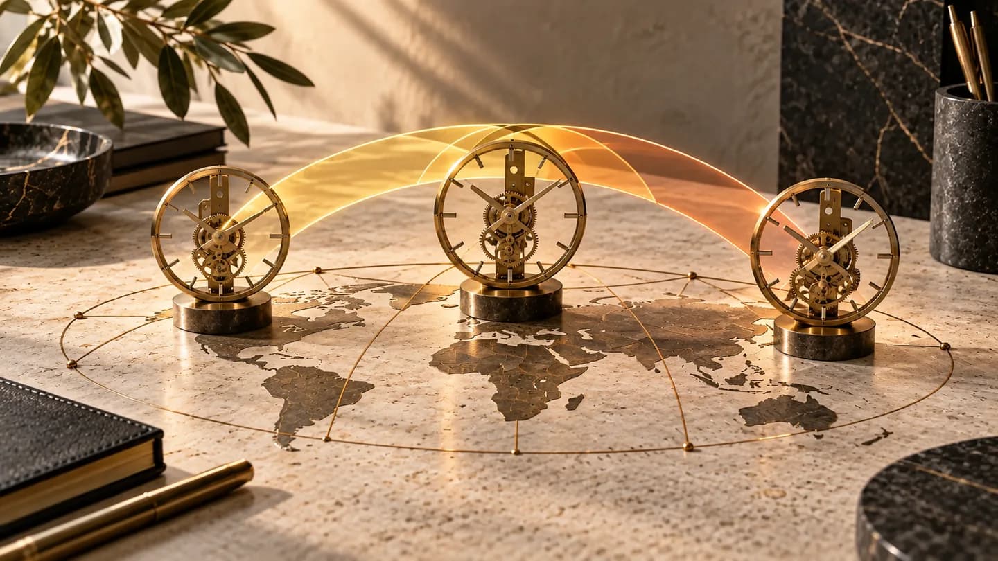 Three brass clocks over a world map showing overlapping global Forex reference sessions