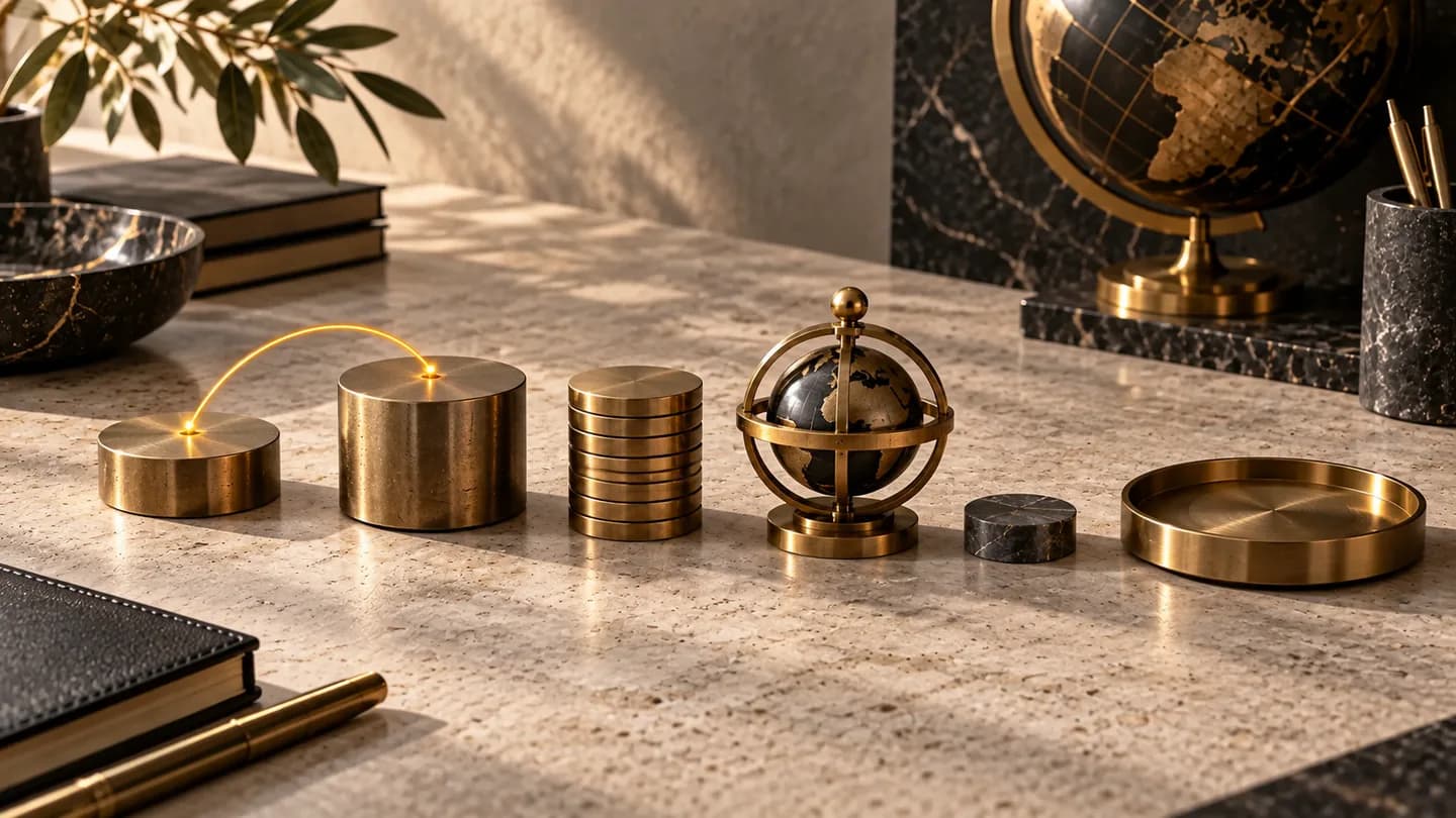 Brass price markers, contract units and a globe illustrating Forex profit and currency conversion