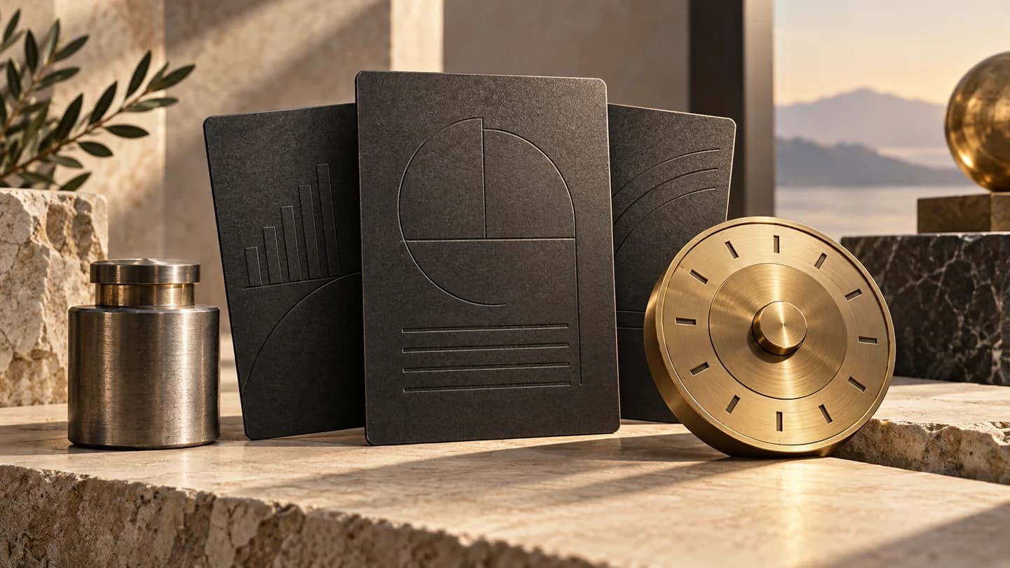 Metal contract cards and a calendar wheel illustrating contract quantities and time