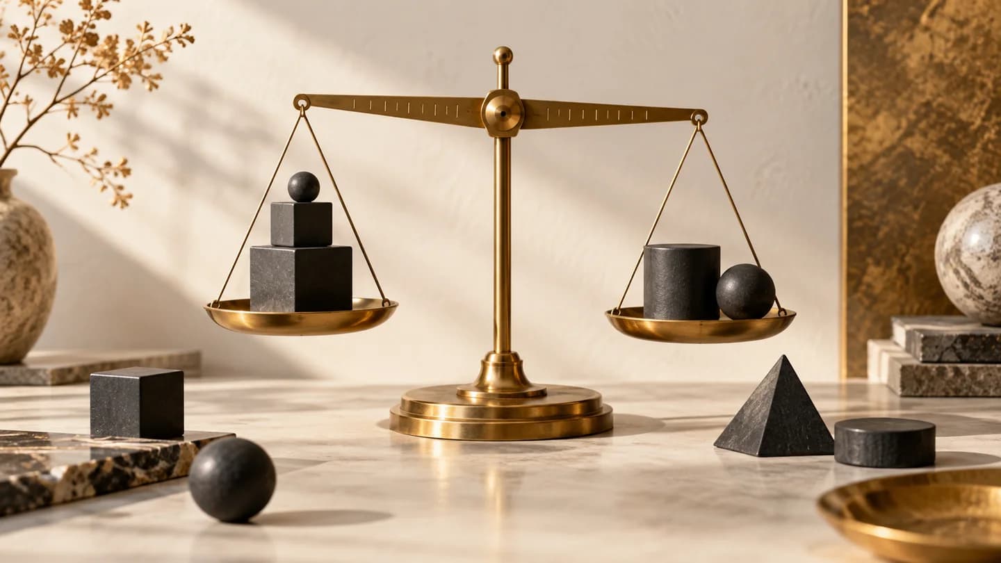 A brass balance with differently sized stone blocks illustrating exposure and limits