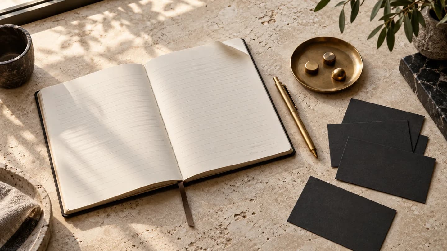 A notebook, organized cards and brass markers illustrating a documented trading workflow