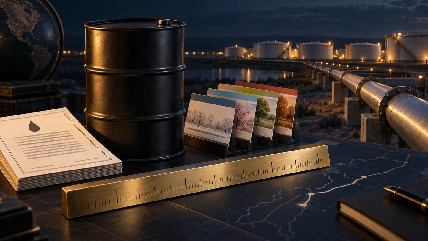 Oil barrel, contract-month cards, tick ruler and pipeline leading to crude-oil storage tanks